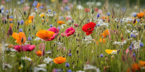 Beautiful blooming wild flower meadow in summer. Generative AI