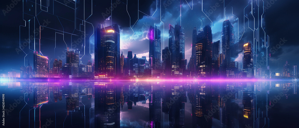 Obraz premium Digital cityscape at night, 3D rendered, high - rising neon - lit skyscrapers, floating holographic billboards, cyberpunk aesthetic, reflecting in wet streets after rain, deep perspective, Blade Runne