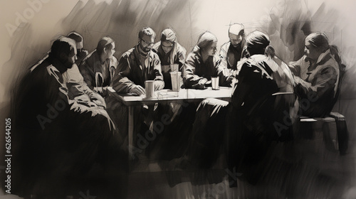 A charcoal sketch of a non - profit organization meeting, with faces passionately discussing and planning charity events, dramatic shadows and highlights, raw and powerful photo