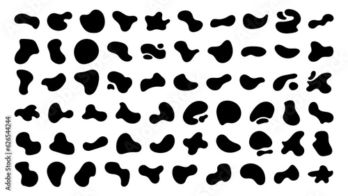 Abstract organic black fluid blobs and liquid shadows random shapes. Liquid shapes, round abstract elements. Simple blotch water forms. Vector illustration on white bg. Big set shapes.