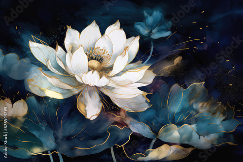 a wallpaper botanical flowers with one big lotus flower for whole artwork flowing alcohol ink style bioluminescence navy blue background, white, gold, generative AI 