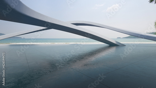 Abstract architecture design of modern building. Empty parking area concrete floor with beach and blue sky sea view. 3D rendering background image for car scene.