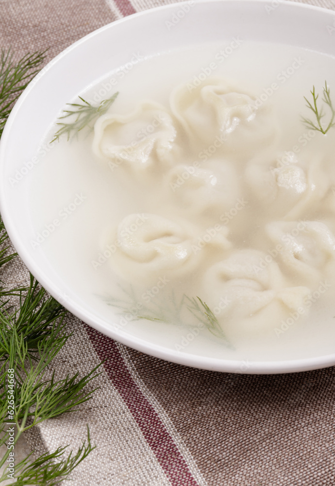 Bouillon with homemade pelmeni and fresh dill. Soup with dumplings and herbs on tablecloth. Bouillon with homemade pelmeni and fresh dill. Soup with dumplings and herbs on tablecloth.