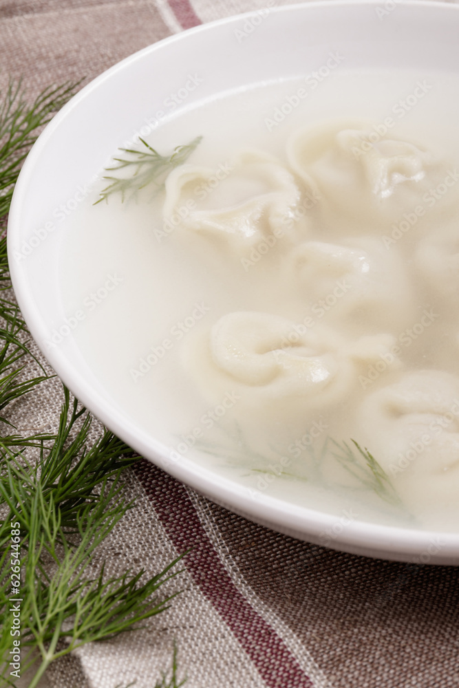 Bouillon with homemade pelmeni and fresh dill. Soup with dumplings and herbs on tablecloth. Bouillon with homemade pelmeni and fresh dill. Soup with dumplings and herbs on tablecloth.