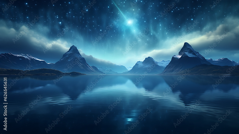 a crystal - clear lake under a star - filled sky, digital mountainscape in the background, reflections of a distant galaxy in the still water, peaceful, serene