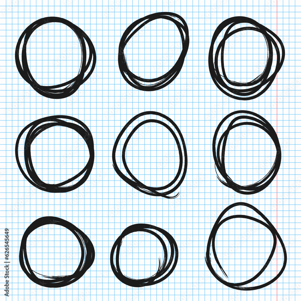 Hand drawn circles line sketch set on notebook pages. Doodle graffiti illustration. Drawing circular scribble doodle round circles. Hand drawn circles line sketch set on notebook pages. Doodle graffiti illustration. Drawing circular scribble doodle round circles.