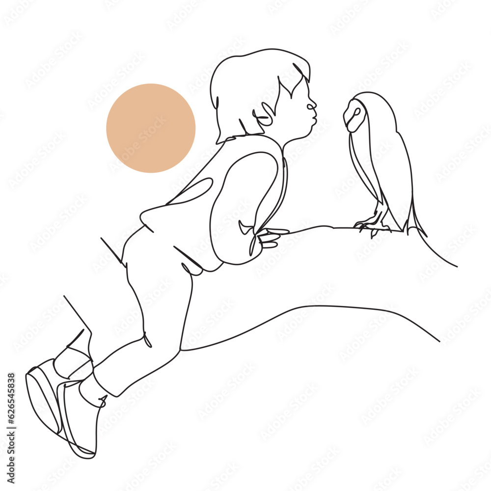The boy talks to the owl, makes friends. One line vector art. The boy talks to the owl, makes friends. One line vector art.