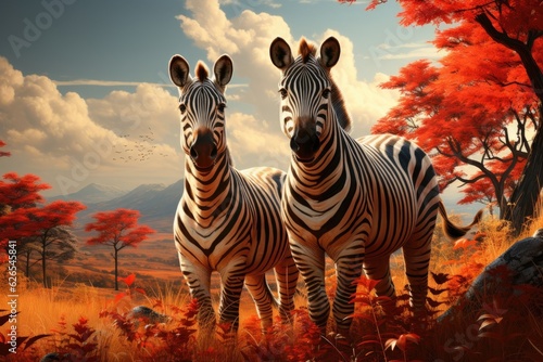 In the field  two zebras stand with background trees.  Generative AI 