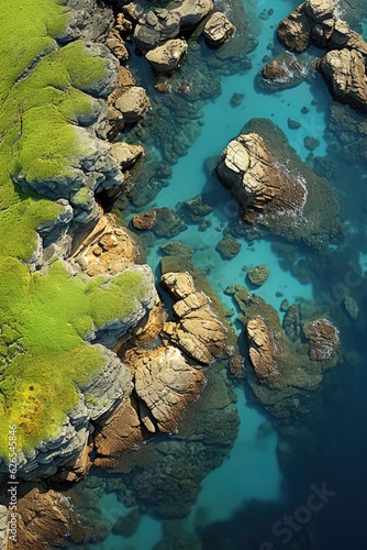 The aerial view shows green waves and seabed texture.  Generative AI 