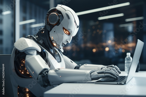Humanoid android robot working on laptop in office business, artificial intelligence and machine learning process, industrial revolution, Ai Generative.