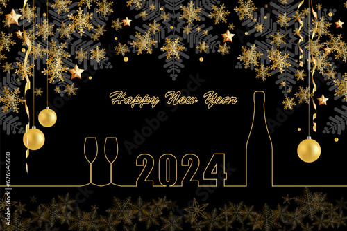 2024. Christmas, New Year, champagne, snowflakes, decorative holiday decorations