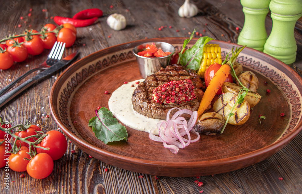 Filet mignon steak served with grilled vegetables, mushrooms and cheese sauce, Closeup Filet mignon steak served with grilled vegetables, mushrooms and cheese sauce, Closeup