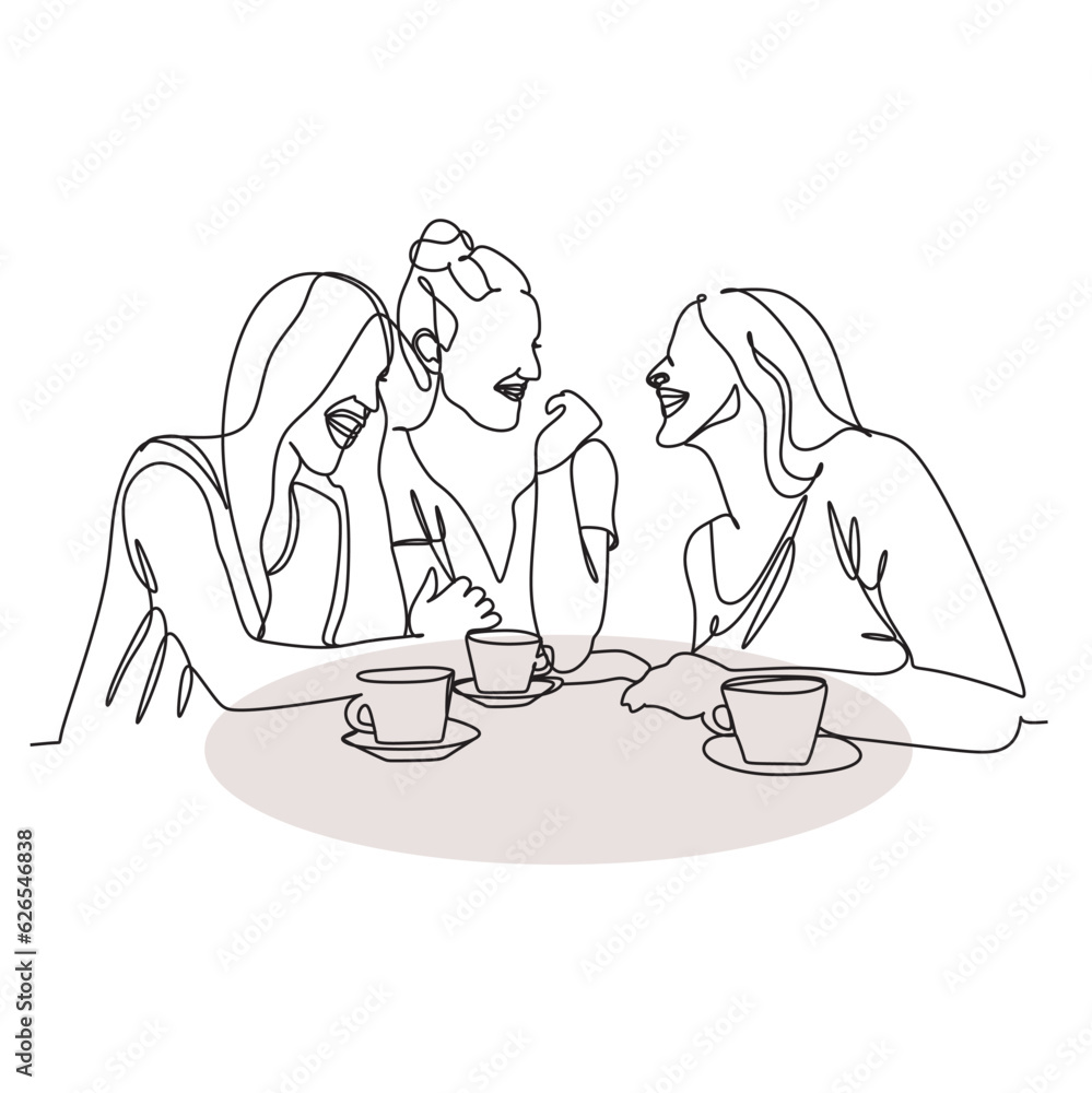 Girlfriends rest together one line art. One line drawing vector. Girlfriends rest together one line art. One line drawing vector.