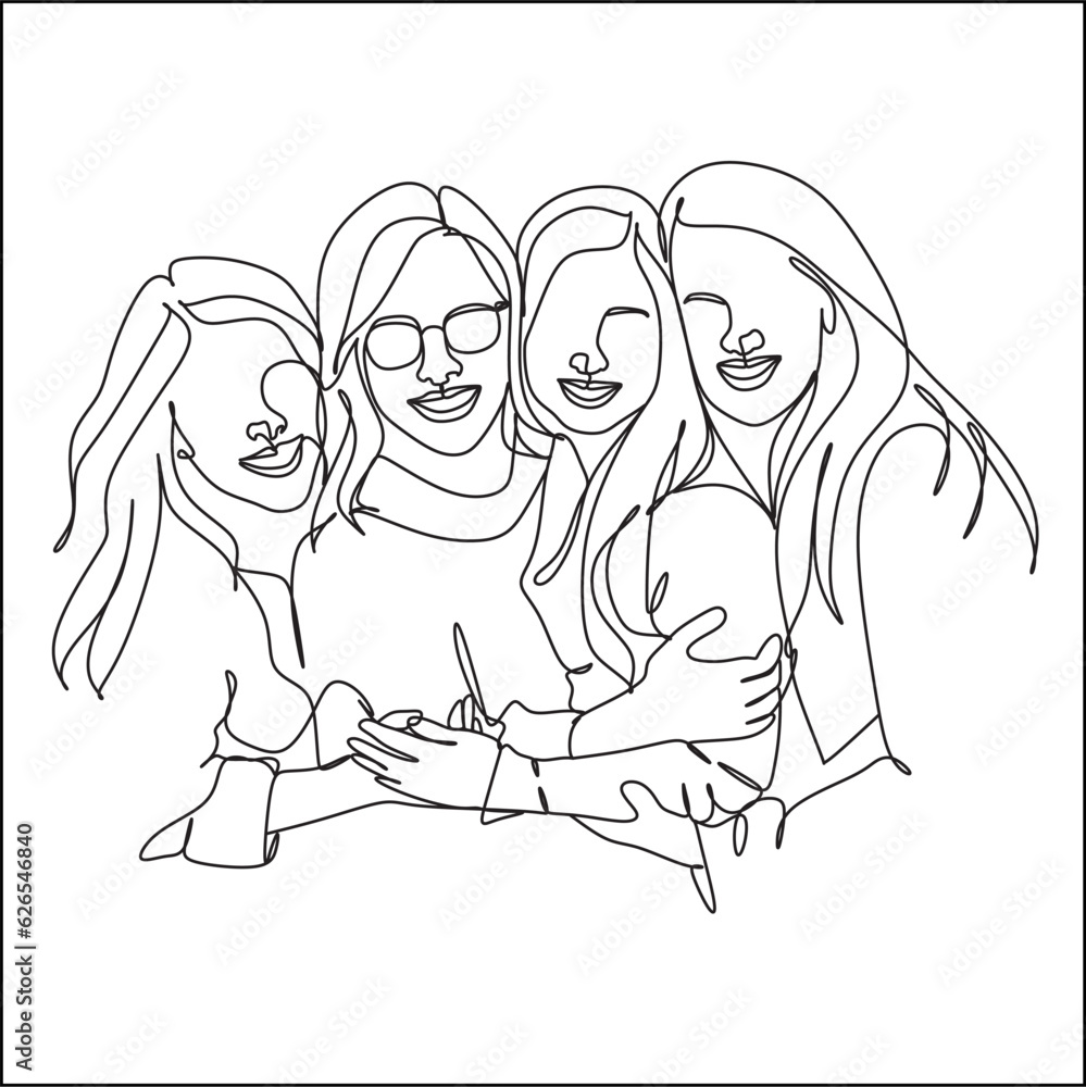 Girlfriends rest together one line art. One line drawing vector. Girlfriends rest together one line art. One line drawing vector.