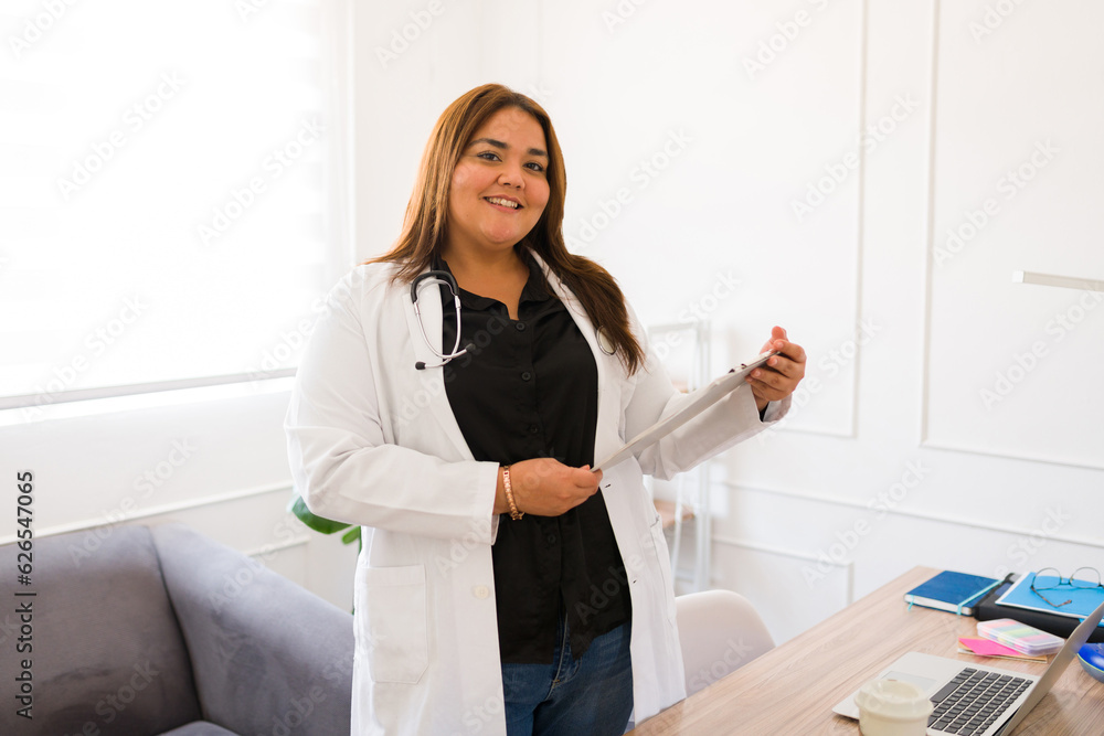 Cheerful fat woman working as a professional doctor Cheerful fat woman working as a professional doctor