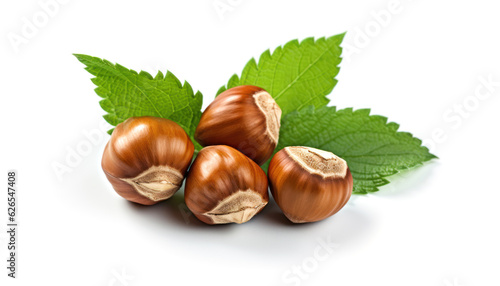 Four Hazelnuts in Shells with Leaves on a White Background - generative Ai