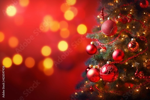  Christmas Tree With Ornament And Bokeh Lights In Red Background