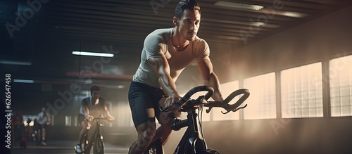 Man cycling on stationary bicycle in the gym. 