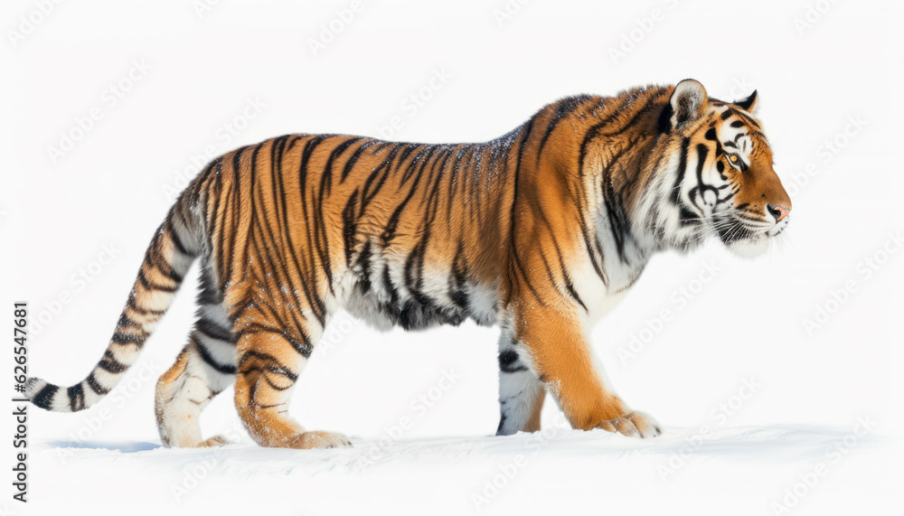 Wild Tiger on White Background - Striking Side Pose - generative Ai