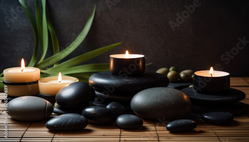 Basalt Stones and Candles - Symbolizing Aromatherapy and Spa Massage - Generative AI