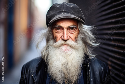 Portrait of old man with a long white beard in the street