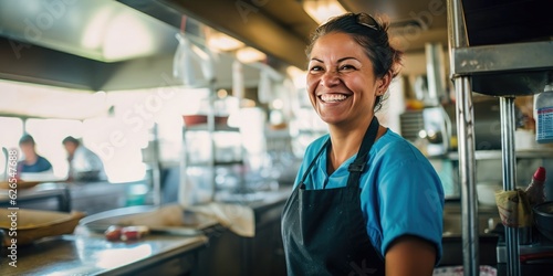 Portrait of a smiling waiter in a restaurant. Generative AI.