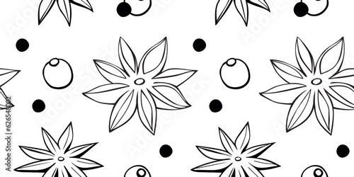 Vector seamless pattern of star anise, pepper in doodle style. Background or texture of seasonings, food additive, spice