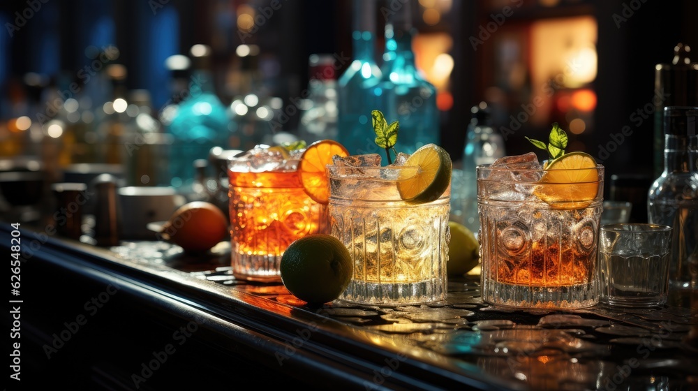 Cocktail with ice on bar counter in a restaurant, pub. Orange drink with juice. Fresh prepared alcoholic cooler beverage at nightclub. Showcases with bottles on dark background.AI Generative.