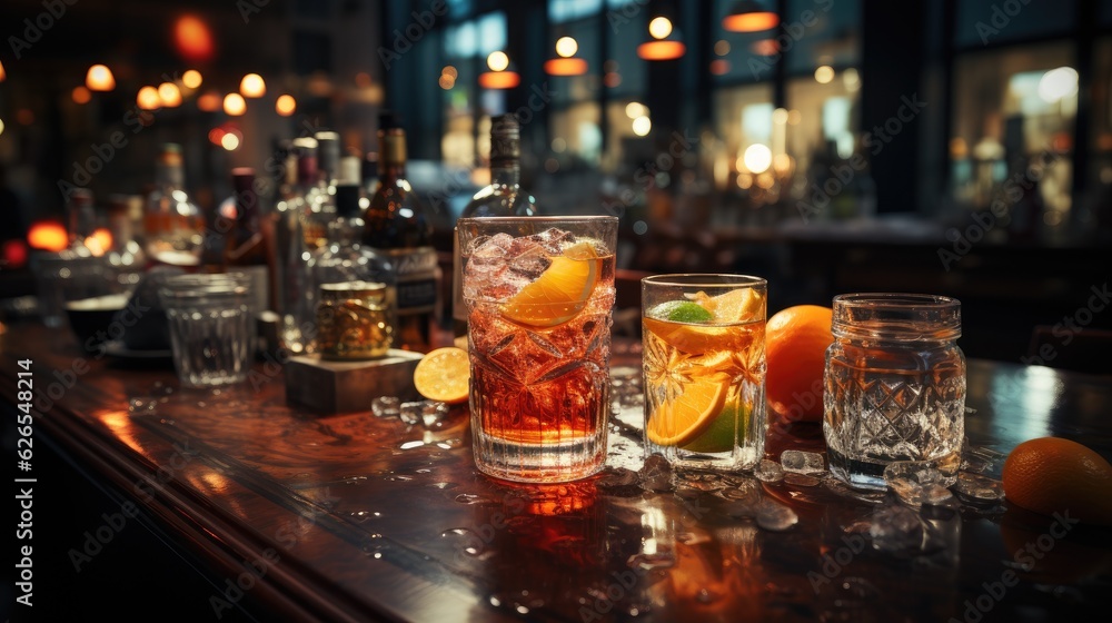 Cocktail with ice on bar counter in a restaurant, pub. Orange drink with juice. Fresh prepared alcoholic cooler beverage at nightclub. Showcases with bottles on dark background.AI Generative.