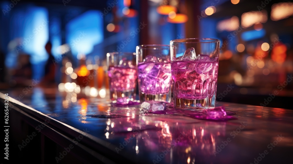 Cocktail with ice on bar counter in a restaurant, pub. Orange drink with juice. Fresh prepared alcoholic cooler beverage at nightclub. Showcases with bottles on dark background.AI Generative.