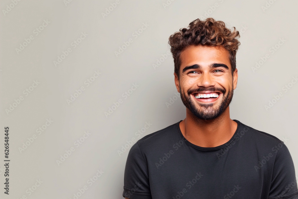 Fototapeta premium Portrait of young man smiling in a grey background