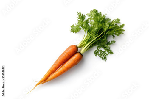 Two carrots on which still hangs the green carrot green / carrot herb on a white background.  Generative AI