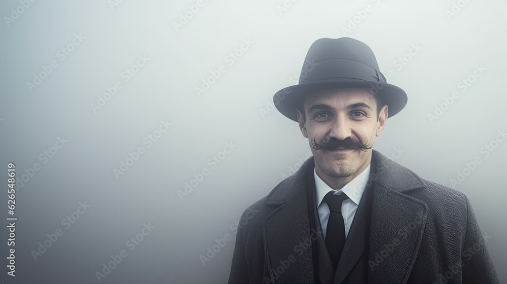 Mustachioed adult man portrait wearing brim hat and coat dense fog overcast weather, attractive male private detective outdoor portrait of kind gentleman among dense mist, generative AI