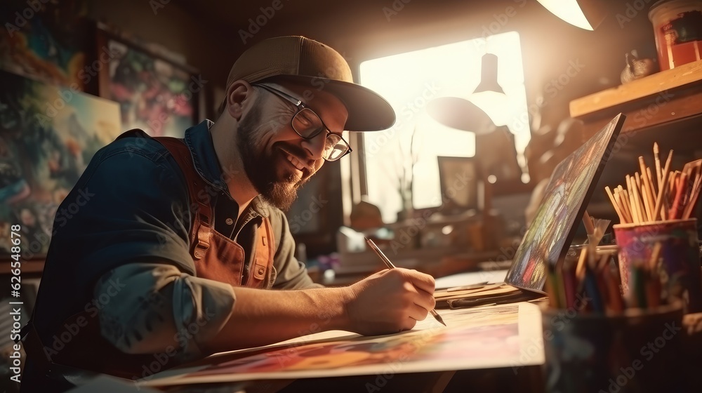 Man painter sits at table and draws picture on canvas of paper in art studio, happy attractive man artist paints masterpiece picture for sale online, artistic craftsmanship, generative AI Man painter sits at table and draws picture on canvas of paper in art studio, happy attractive man artist paints masterpiece picture for sale online, artistic craftsmanship, generative AI