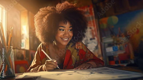 Black woman painter sits at table and draws picture on canvas of paper in art studio, happy attractive woman artist paints masterpiece picture for sale online, artistic craftsmanship, generative AI