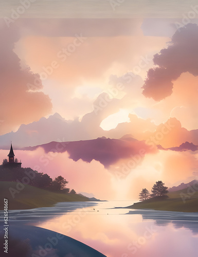 A mesmerizing and ethereal graphic that captures the essence of an enchanting sunset over a serene landscape. Beautiful Art. Generative Ai.