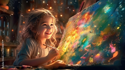 Little girl painter sits at table and draws picture on canvas in art studio multicolored sparkles and bokeh background, happy attractive girl artist paints masterpiece picture, generative AI photo