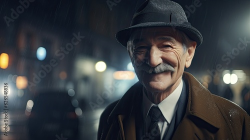 Old mustachioed man portrait wearing brim hat and coat on night street lights at overcast weather, attractive elderly male private detective outdoor street portrait of old gentleman, generative AI