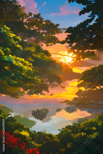 Horizons of Imagination  Unveiling an Abstract Fantasy Sunset Sky From The Forest In The Lakeside Illustration