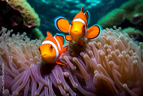 photo of a beautiful couple clown anemonefish behind is co