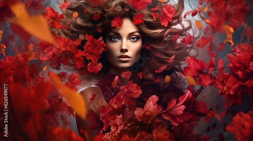  A beautiful girl with curly hair and red flowers around her, in the style of photorealistic fantasies