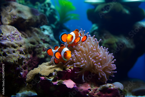 photo of a beautiful family clown anemonefish behind is co