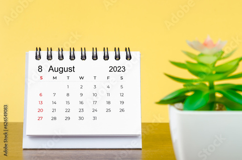 The August 2023 Monthly desk calendar for 2023 year with small plant on yellew background. photo
