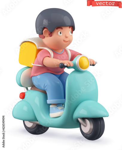 Boy, cartoon character riding a scooter 3d vector icon