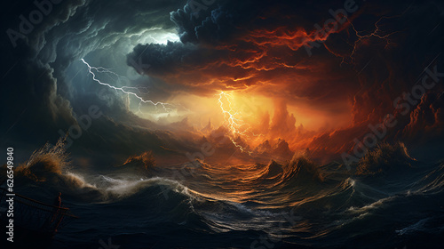 Stormy ocean scene. The waves are crashing against the shore, creating a powerful and dynamic atmosphere. The sky is filled with lightning, illuminating the scene with a fiery glow. 