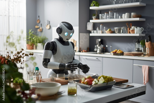 Smart robot cooking on kitchen, doing household chores. Humanoid assistant doing domestic housework in a room. Robot domestic service, housekeeper. Ai generated photo