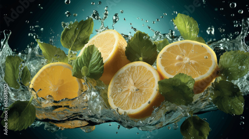 Juicy lemon with mint. Splash of refreshing lemonade with mint. Slices of lemons in splashes of water. Juicy citruses creative vector illustration. Juicy fruit, mojito, lemon juice. Water drops.
