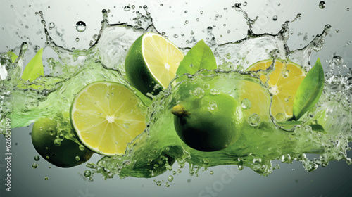 Juicy lime with mint. Splash of mojito with lime and mint. Refreshing lime in splashes of water. Juicy citruses creative vector illustration. Juicy fruits, lemonade and lemon juice. Water drops.