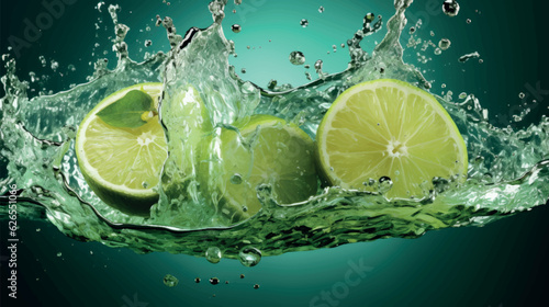 Juicy lime with mint. Splash of mojito with lime and mint. Refreshing lime in splashes of water. Juicy citruses creative vector illustration. Juicy fruits, lemonade and lemon juice. Water drops.