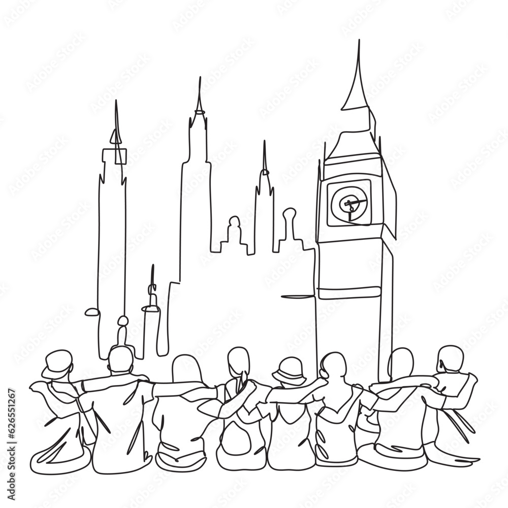 Friends in London one line illustration. London, Big Ben one line vector illustration. Friends in London one line illustration. London, Big Ben one line vector illustration.